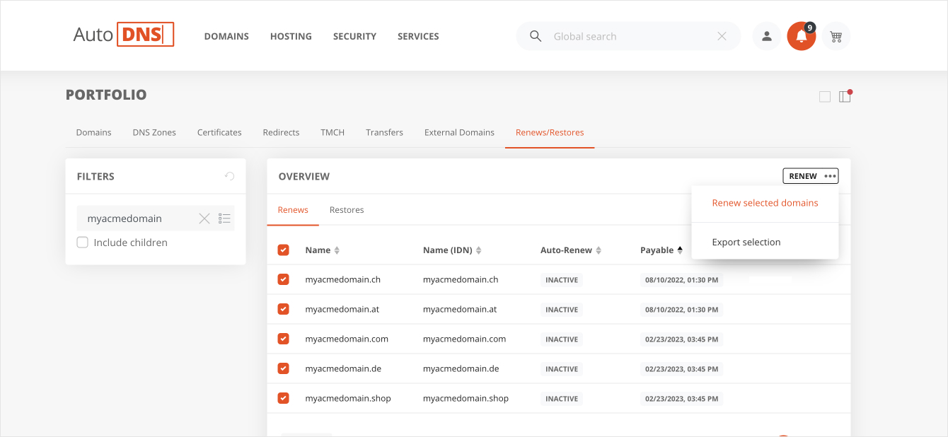 New filter and list functions for domain renew