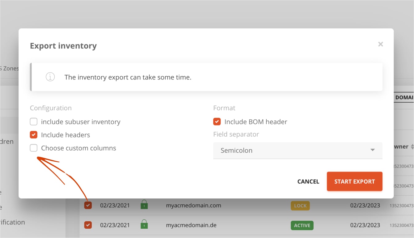 Adjustment of inventory export