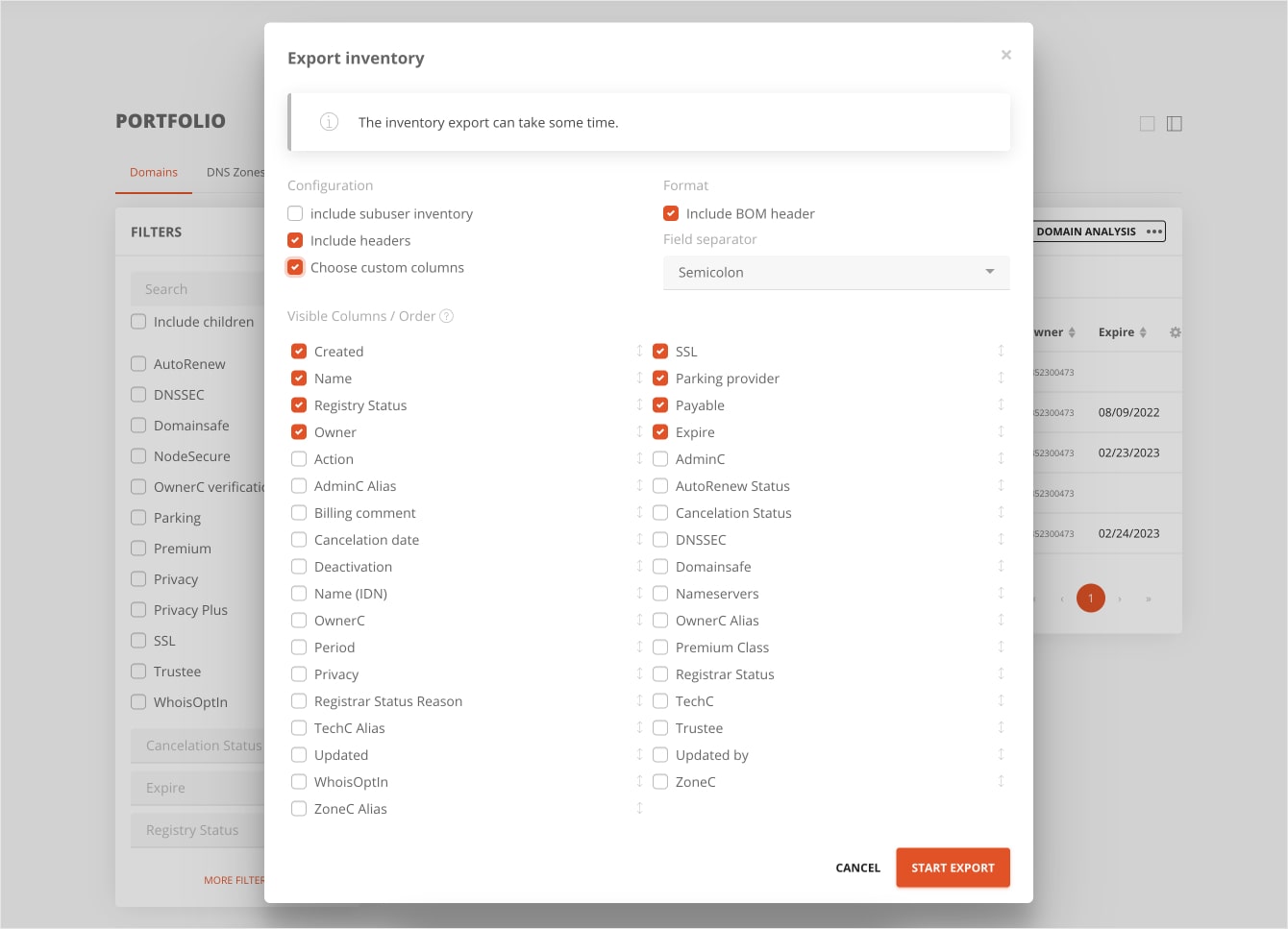 Adjustment of inventory export