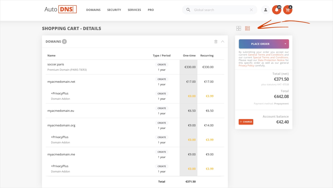 Shopping Cart: Detailed view of all invoice items